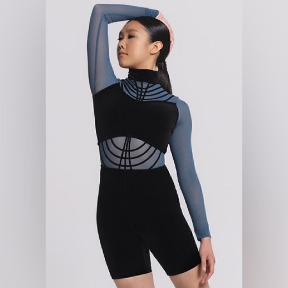 WEISSMAN Elite Dance Costume unitard blue black velvet To Be Loved 14115 LC